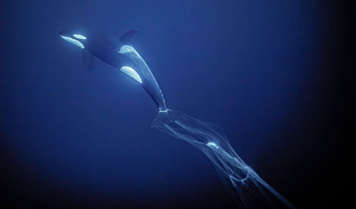 an entangled orca caught by a large net.