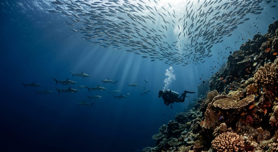 Scuba diver watching grey reef sharks patrol a sunlit Maldivian channel wall in clear blue water