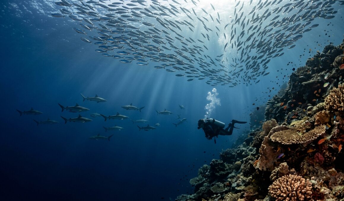 Scuba diver watching grey reef sharks patrol a sunlit Maldivian channel wall in clear blue water
