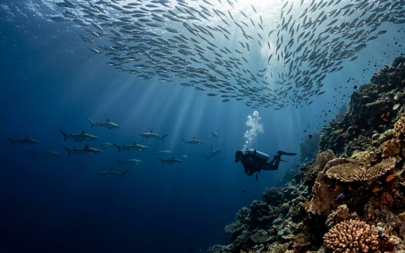 Scuba diver watching grey reef sharks patrol a sunlit Maldivian channel wall in clear blue water