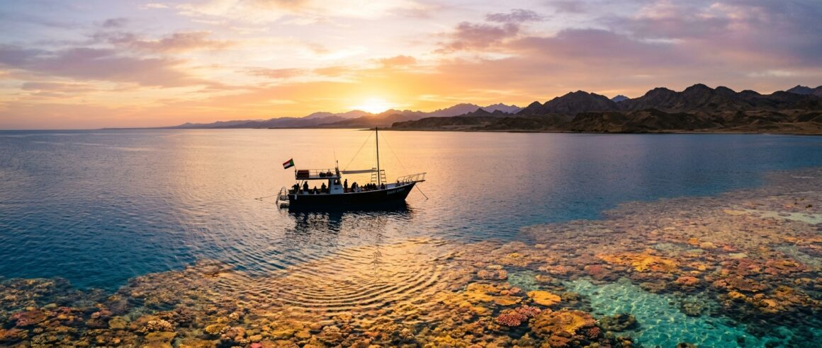 Remote Red Sea dive boat near reef at sunrise in Sudan