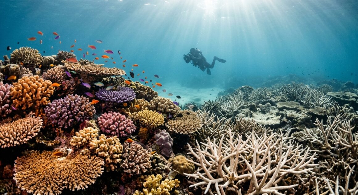 Scuba diver hovering over a coral reef showing both healthy corals and bleached white sections underwater.