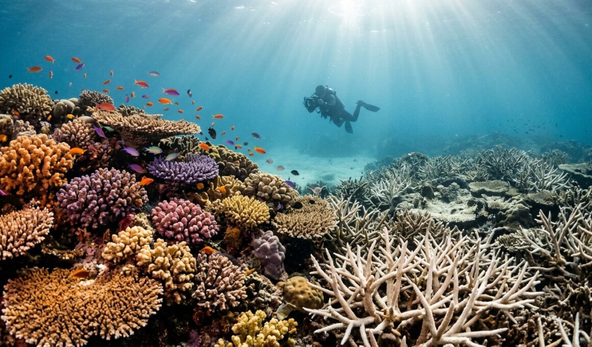 Scuba diver hovering over a coral reef showing both healthy corals and bleached white sections underwater.