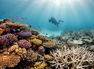 Scuba diver hovering over a coral reef showing both healthy corals and bleached white sections underwater.