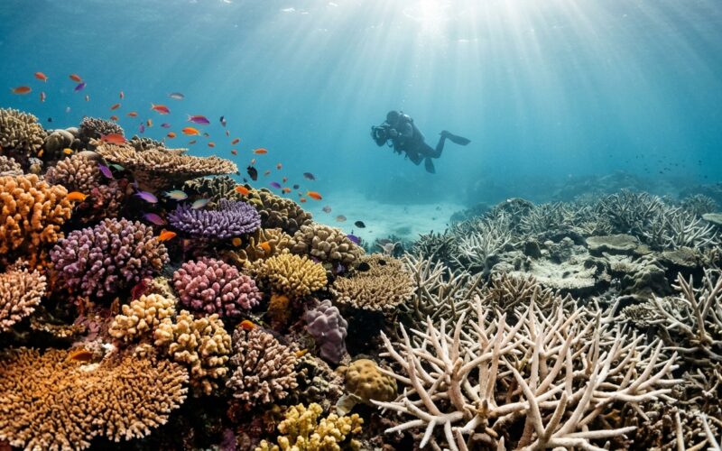 Scuba diver hovering over a coral reef showing both healthy corals and bleached white sections underwater.