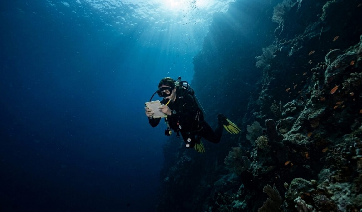 Scuba diver checking dive computer at depth along a deep blue drop-off wall