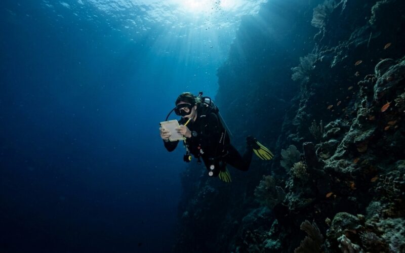 Scuba diver checking dive computer at depth along a deep blue drop-off wall