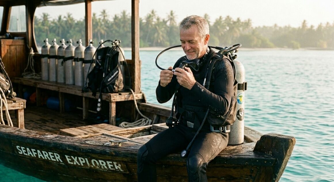 Older male diver in his sixties checking his regulator on a tropical dive boat at sunrise