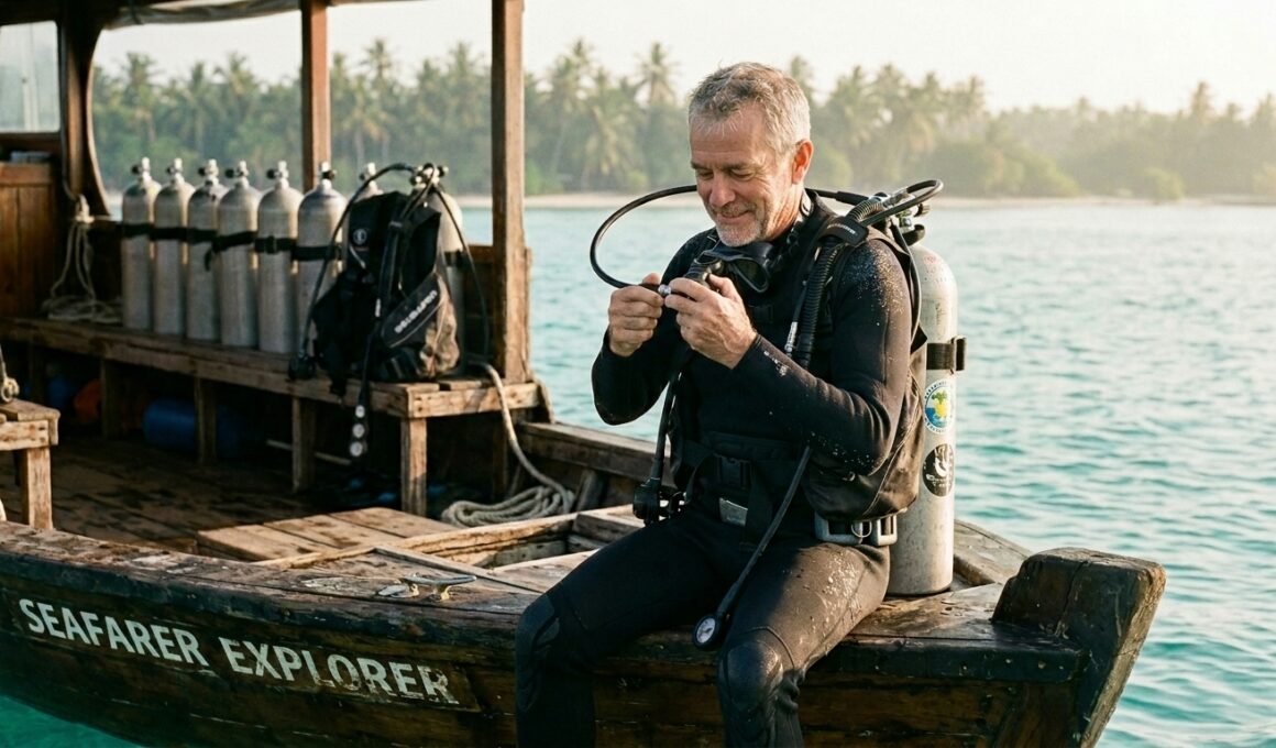Older male diver in his sixties checking his regulator on a tropical dive boat at sunrise