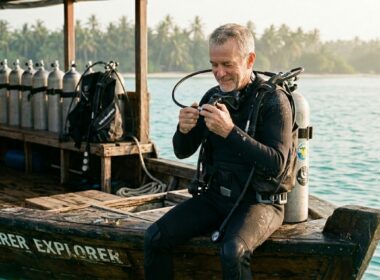 Older male diver in his sixties checking his regulator on a tropical dive boat at sunrise