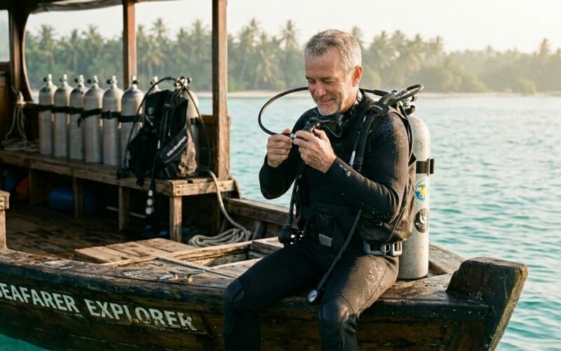 Older male diver in his sixties checking his regulator on a tropical dive boat at sunrise