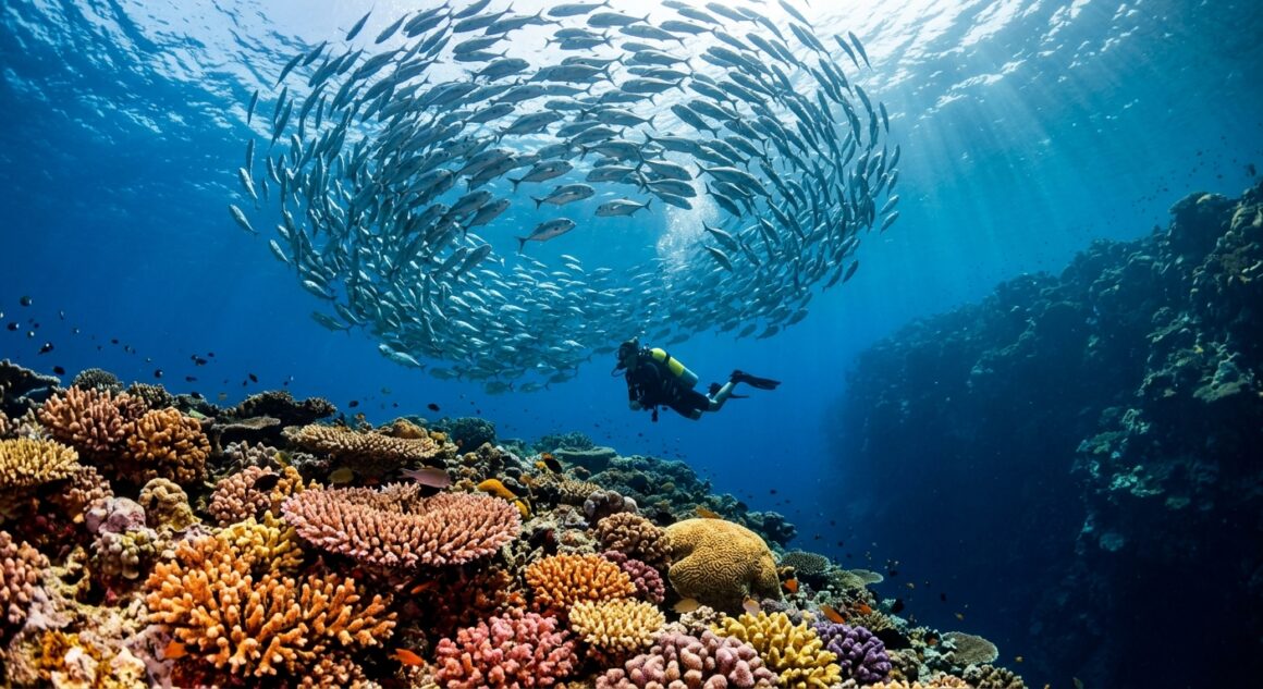 Diver exploring vibrant coral reef in Tubbataha Philippines clear blue water