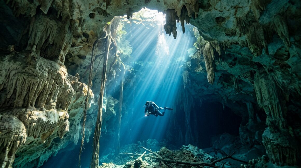 Diver in cenote with sunlight beams and limestone formations underwater