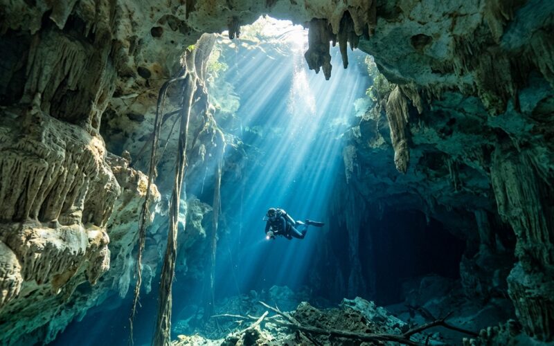Diver in cenote with sunlight beams and limestone formations underwater