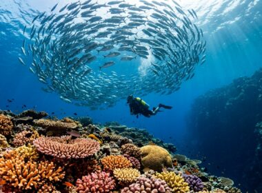 Diver exploring vibrant coral reef in Tubbataha Philippines clear blue water