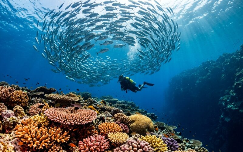 Diver exploring vibrant coral reef in Tubbataha Philippines clear blue water
