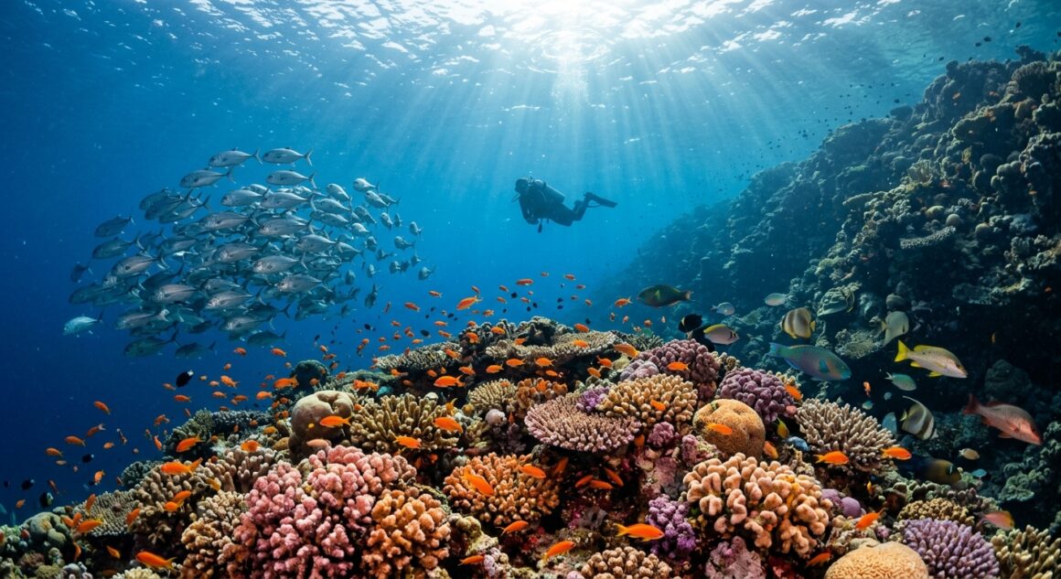 Diver hovering above a vibrant coral reef teeming with fish inside a marine protected area.