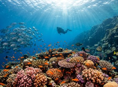 Diver hovering above a vibrant coral reef teeming with fish inside a marine protected area.