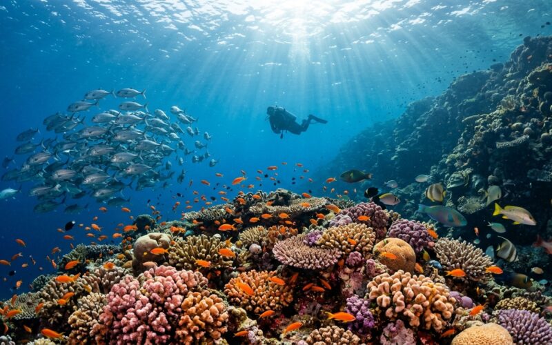 Diver hovering above a vibrant coral reef teeming with fish inside a marine protected area.