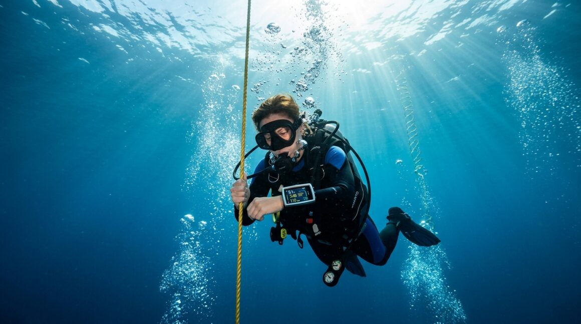 Scuba diver ascending slowly along mooring line while checking dive computer in clear blue tropical water