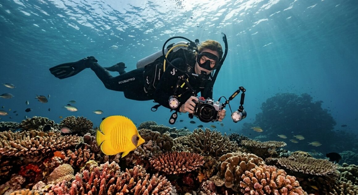 Scuba diver photographing a yellow butterflyfish on a tropical coral reef with compact underwater camera and strobes.