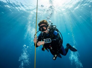 Scuba diver ascending slowly along mooring line while checking dive computer in clear blue tropical water