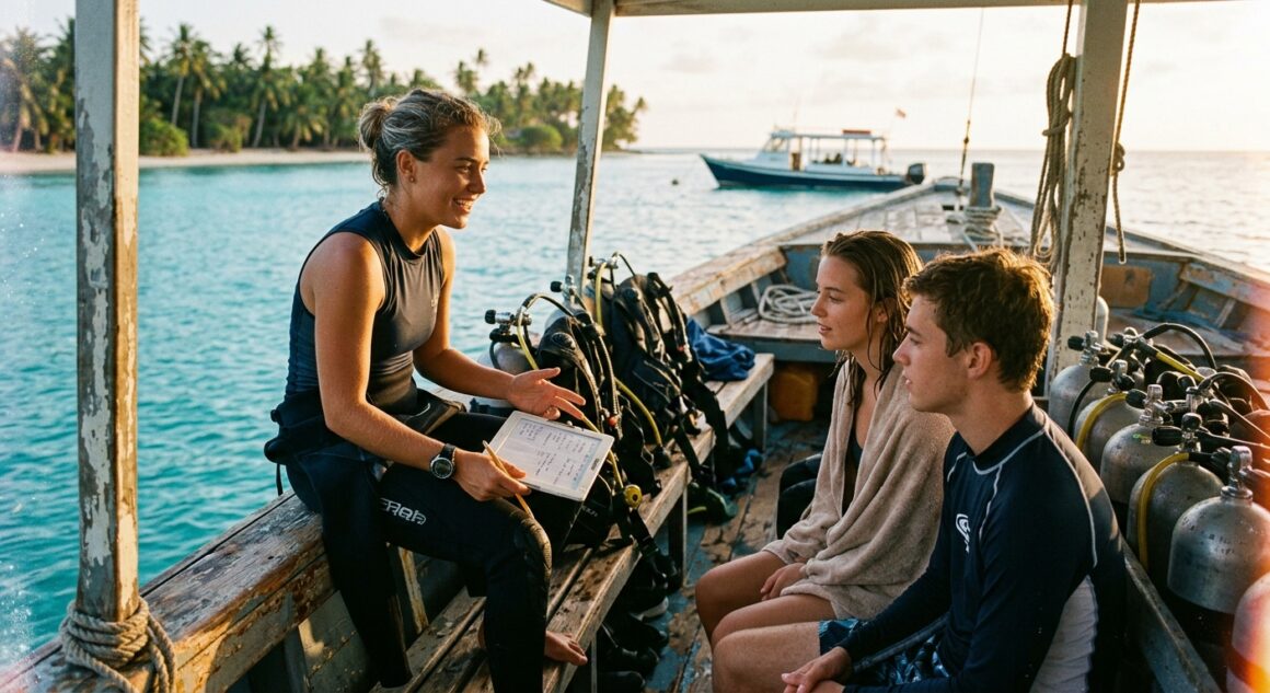Young dive instructor briefing students on a tropical dive boat at golden hour