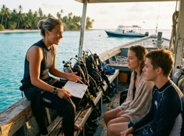 Young dive instructor briefing students on a tropical dive boat at golden hour