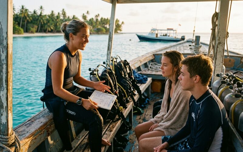 Young dive instructor briefing students on a tropical dive boat at golden hour