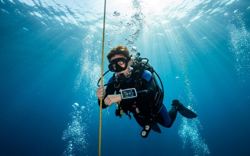 Scuba diver ascending slowly along mooring line while checking dive computer in clear blue tropical water